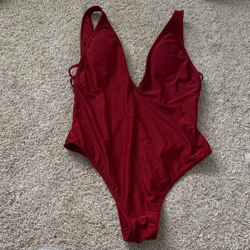 Express dark burgundy blood Red One-Piece plunge v neck strappy Swimsuit XL